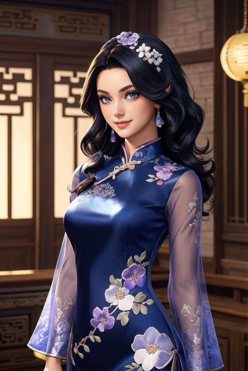 00171-Concept Art for Video Games cowboy shot, (black wavy hair_1.3), woman,  smile, ch30ngs4m_1,  blue long silk cheongsam, silver an.png